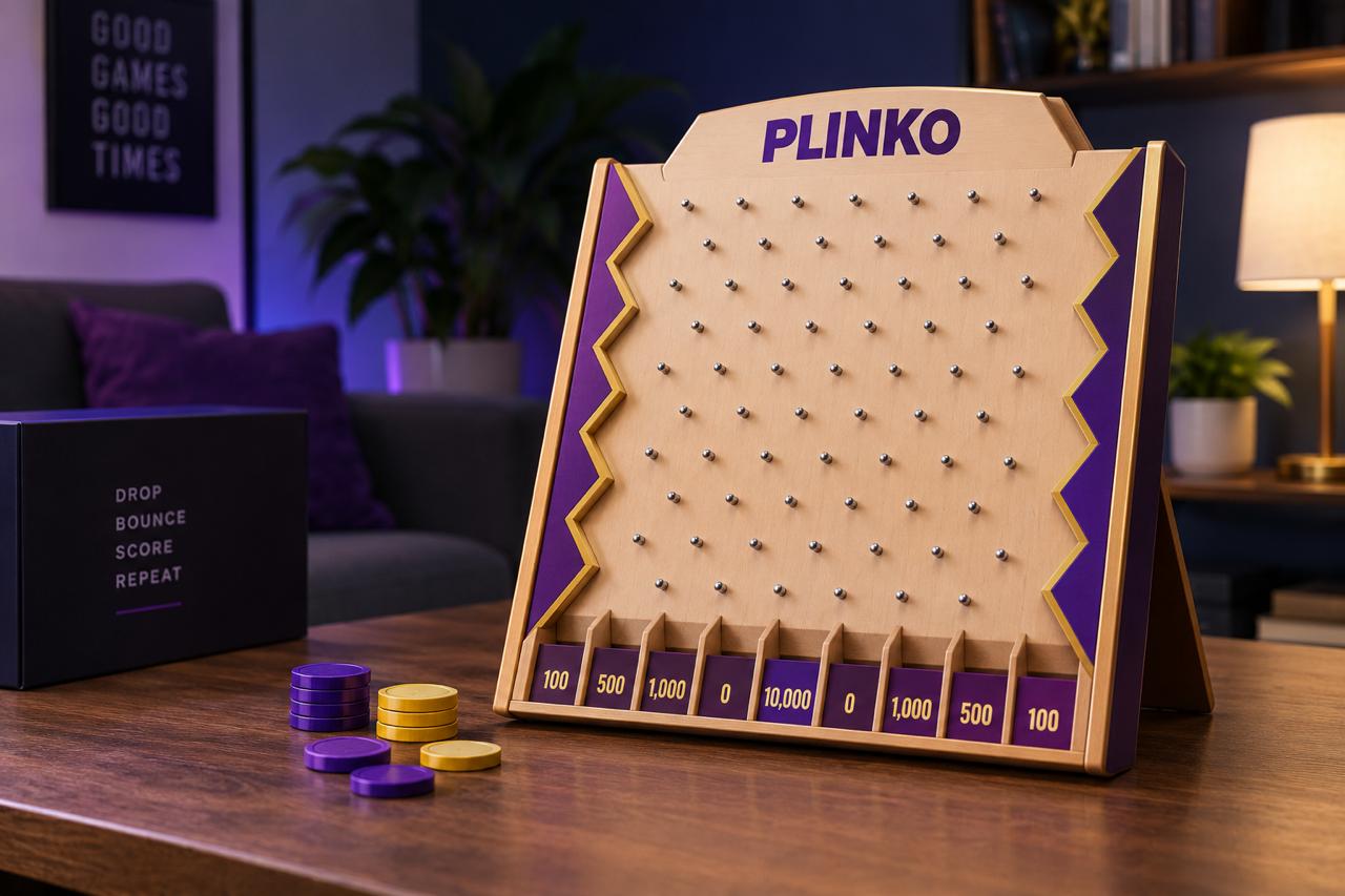 Home-style physical Plinko board with chips and scoring slots