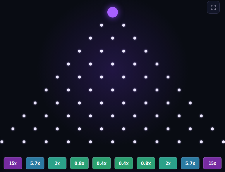 WYGL free Plinko interface with widening peg rows and multiplier pockets