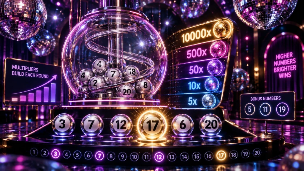 AI-generated illustration of a disco-themed live ball-drawing casino game with multipliers up to 10,000x