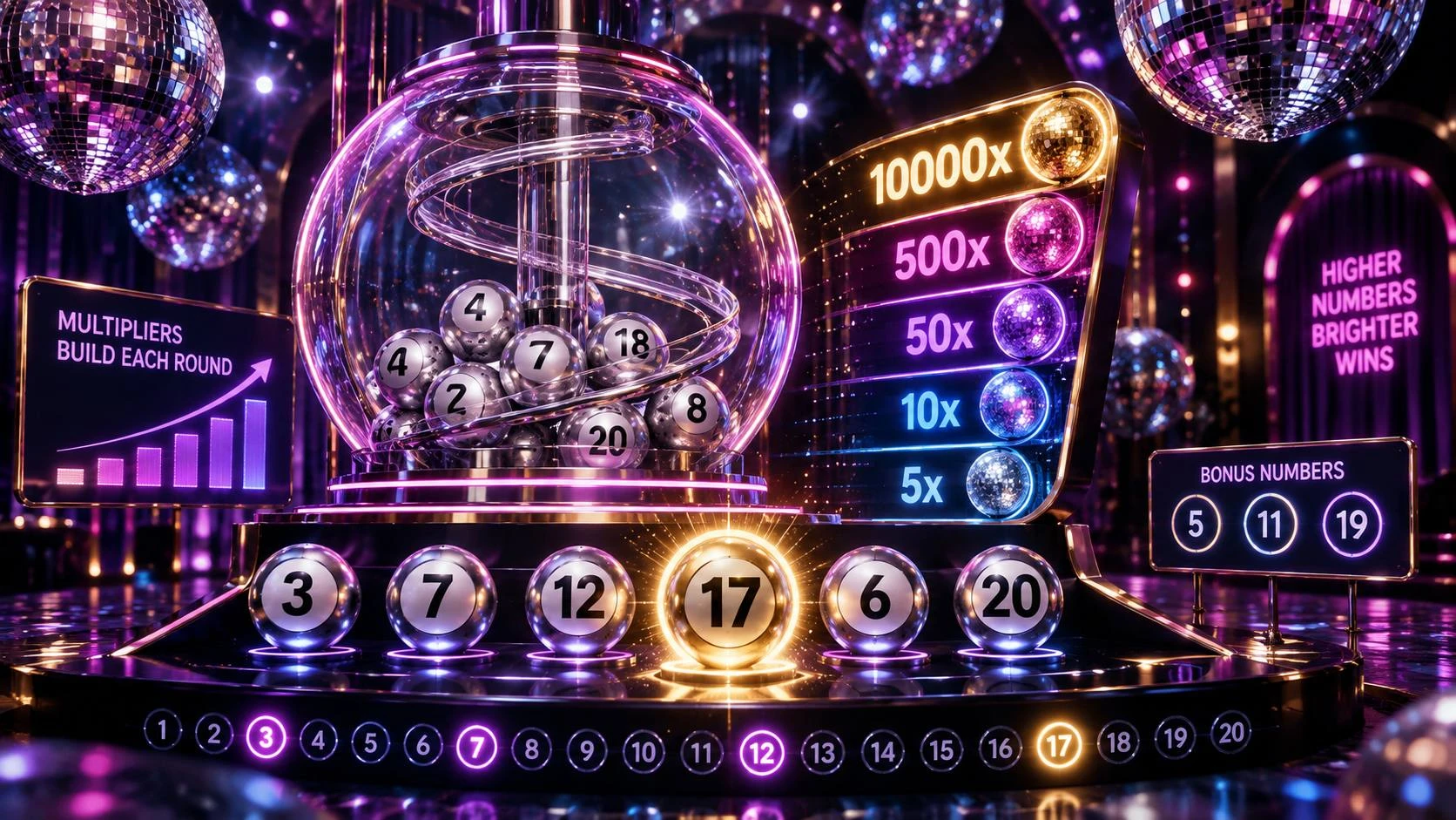 AI-generated illustration of a disco-themed live ball-drawing casino game with multipliers up to 10,000x