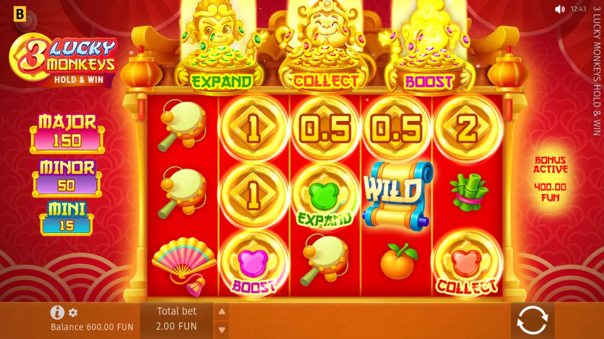 Expand, Boost and Collect coins on the reels beneath three glowing monkey pots