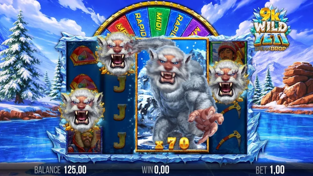 9K Wild Yeti Dream Drop showing a Yeti stack and the jackpot wheel