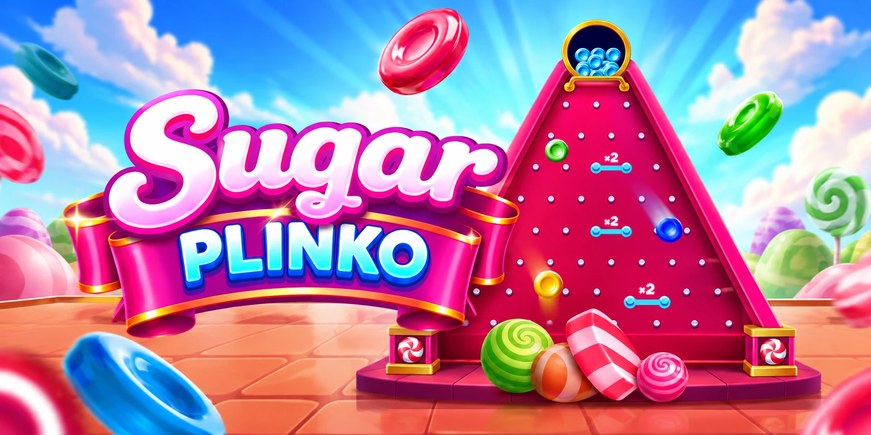 Sugar Plinko game by BGaming with a pink Plinko board and candy-themed design
