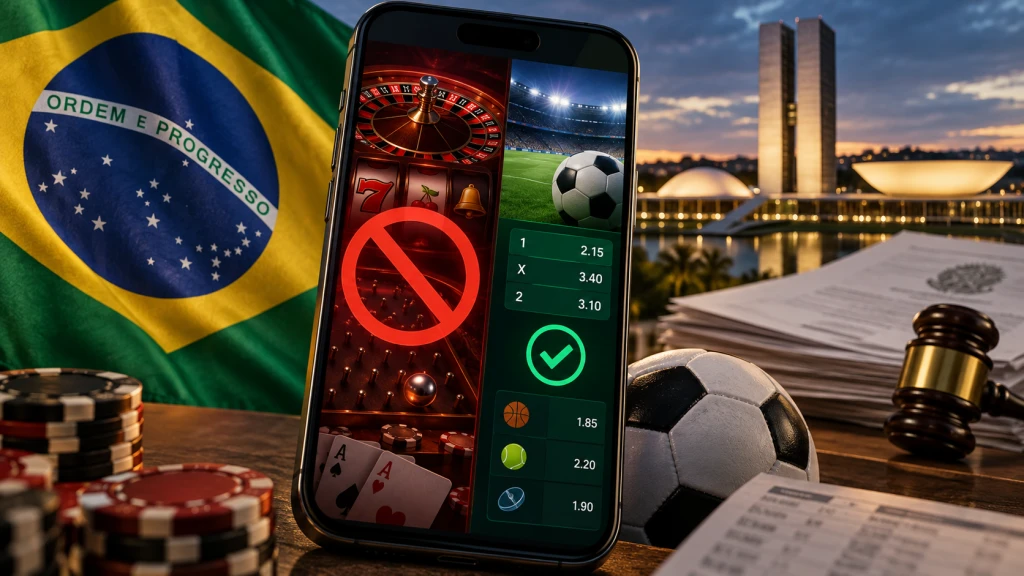 Brazilian flag beside an online casino and sports betting interface illustrating proposed gambling restrictions in Brazil