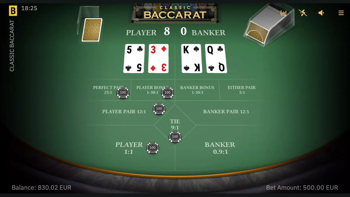 BGaming Classic Baccarat table showing Player and Banker hands and side bets