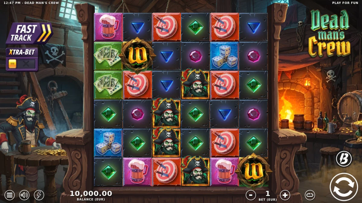 Dead Man’s Crew six-by-six grid with two gold Wild Scatters and pirate symbols in a tavern