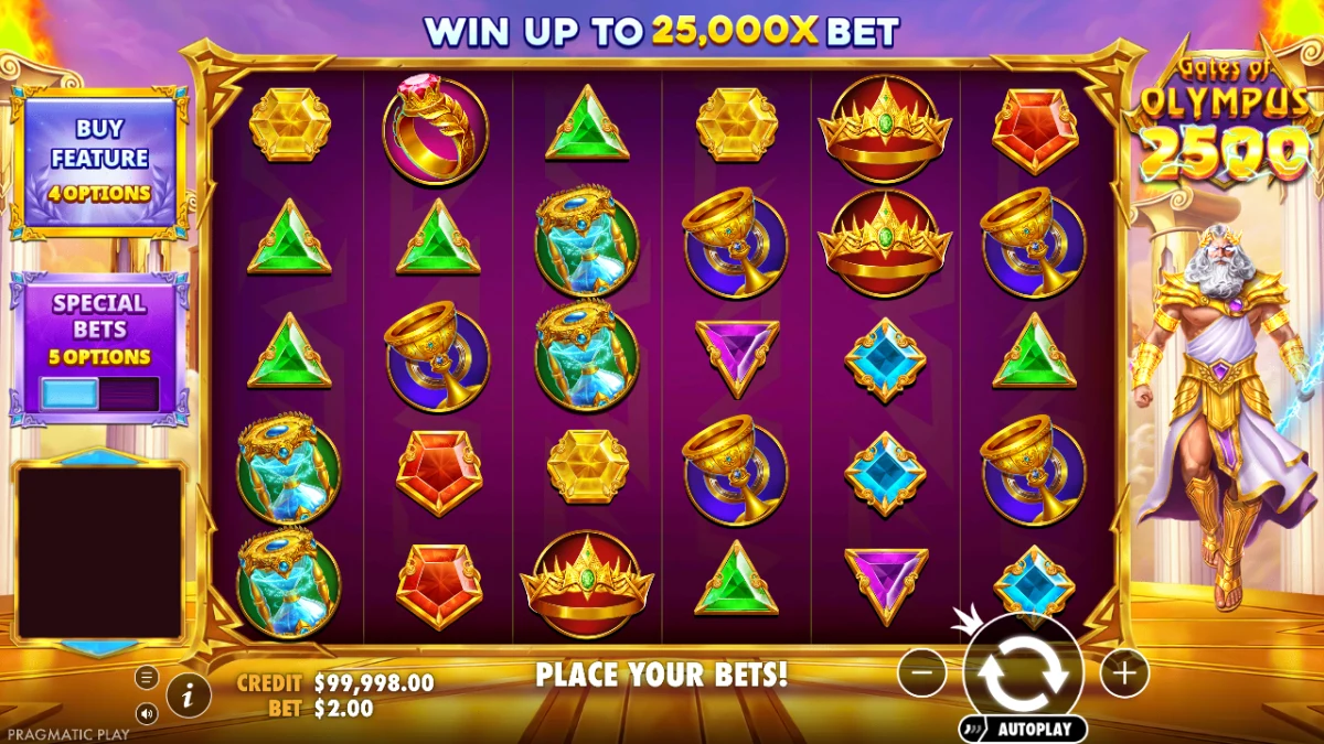 Gates of Olympus 2500 demo with a six-column symbol grid beside Zeus