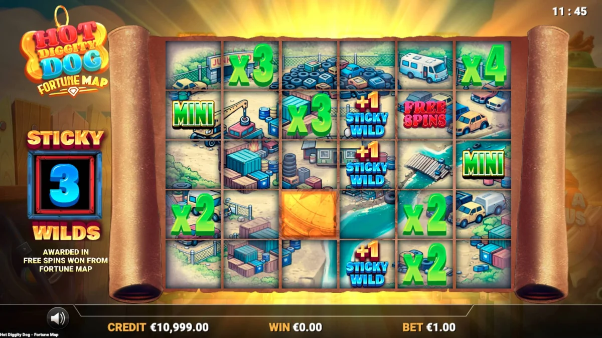 Hot Diggity Dog Fortune Map showing revealed prizes and three banked sticky wilds