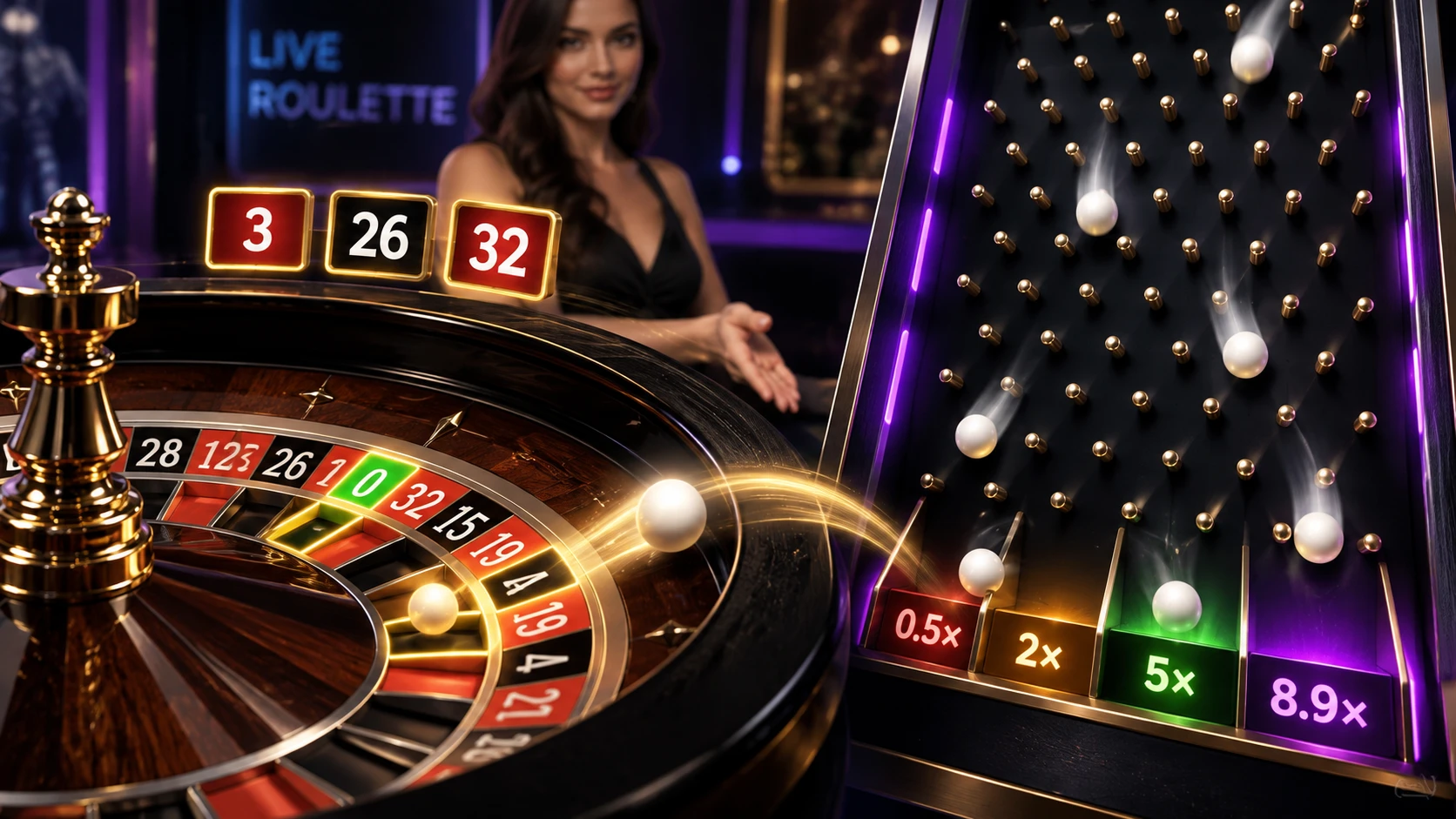 Illustration of live roulette combined with a Plinko bonus board and multiplier slots