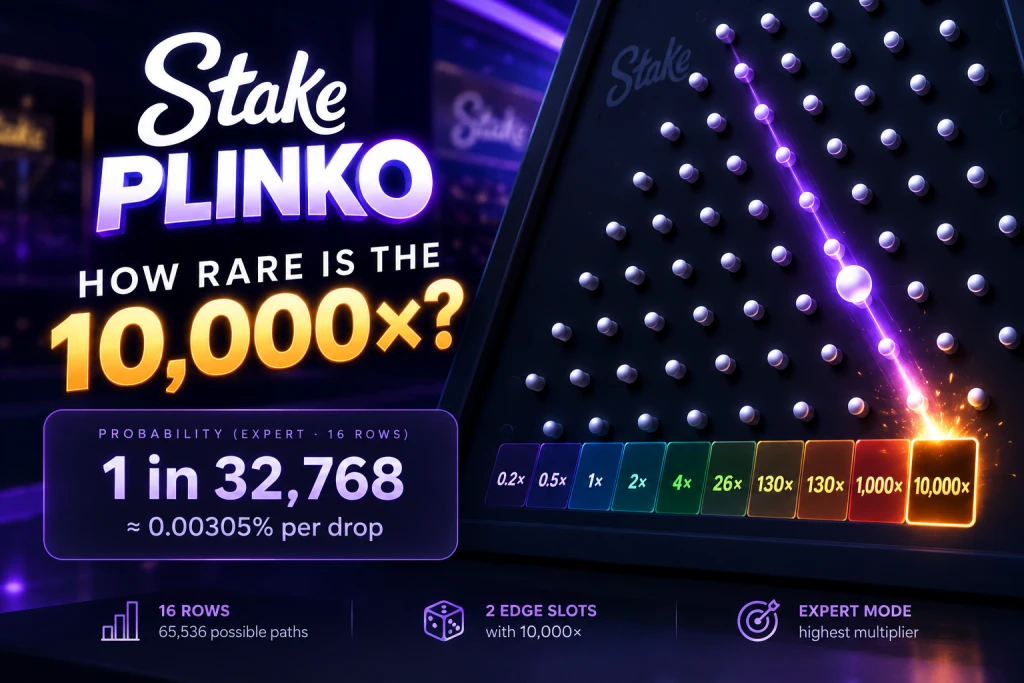 Stake Plinko board showing the 10,000× edge slot and 1 in 32,768 probability at Expert with 16 Rows