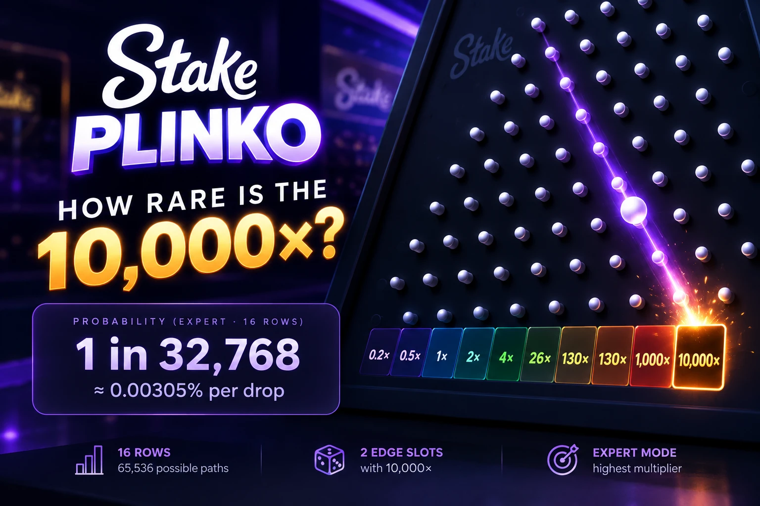 Stake Plinko board showing the 10,000× edge slot and 1 in 32,768 probability at Expert with 16 Rows