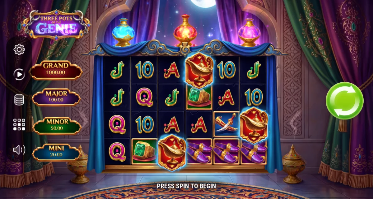 Three Pots of the Genie demo with blue, red and purple pots above the reels
