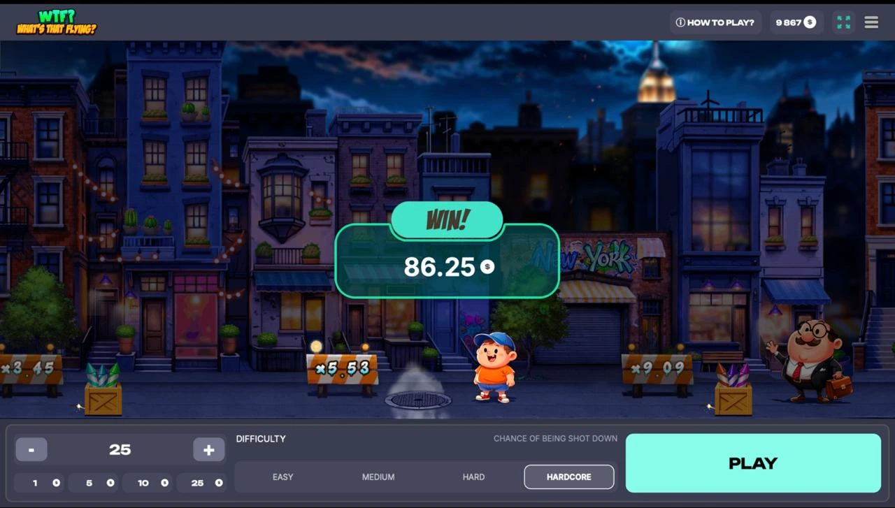 WTF What’s That Flying demo win screen showing 86.25 after cashing out