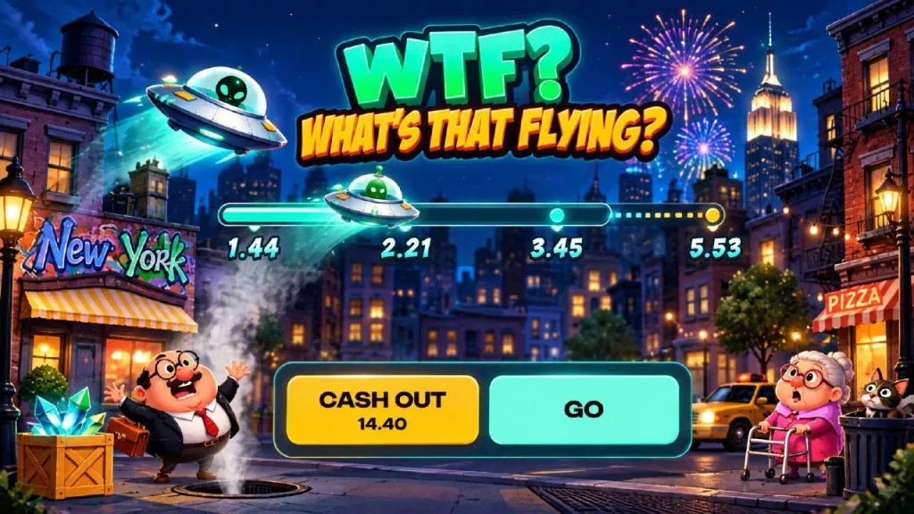 WTF What’s That Flying UFO crash game with Cash Out and Go controls