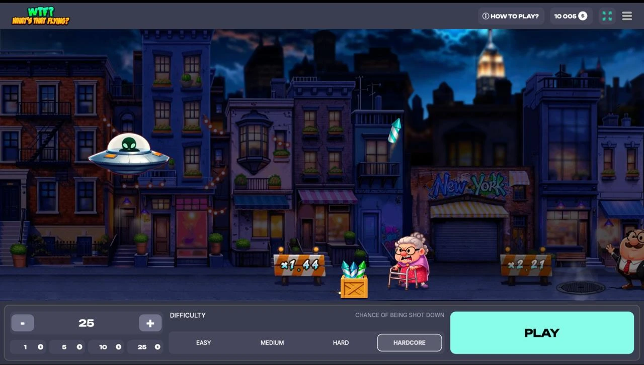 WTF What’s That Flying demo start screen with stake controls, difficulty levels and Play button