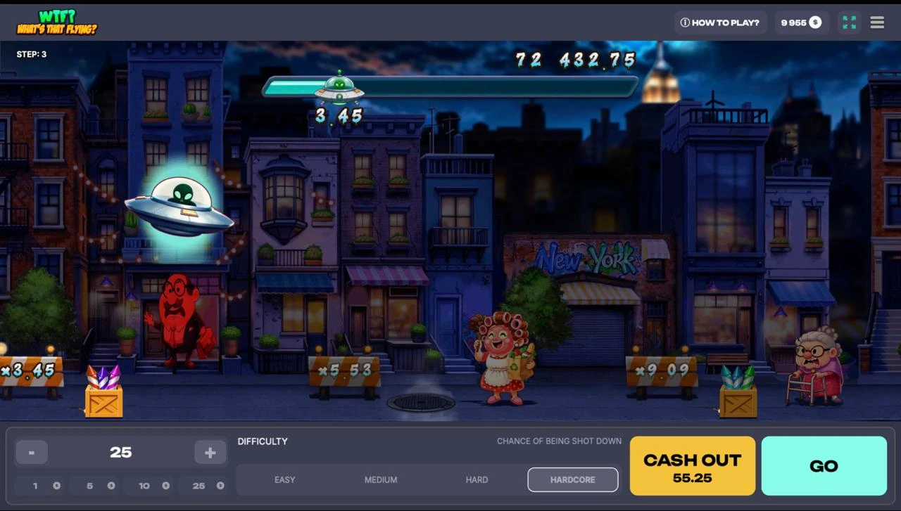 WTF What’s That Flying active Hardcore round with Cash Out and Go buttons