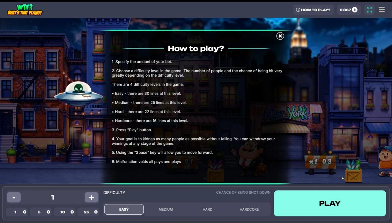 WTF What’s That Flying How to Play panel showing four difficulty levels and route lengths