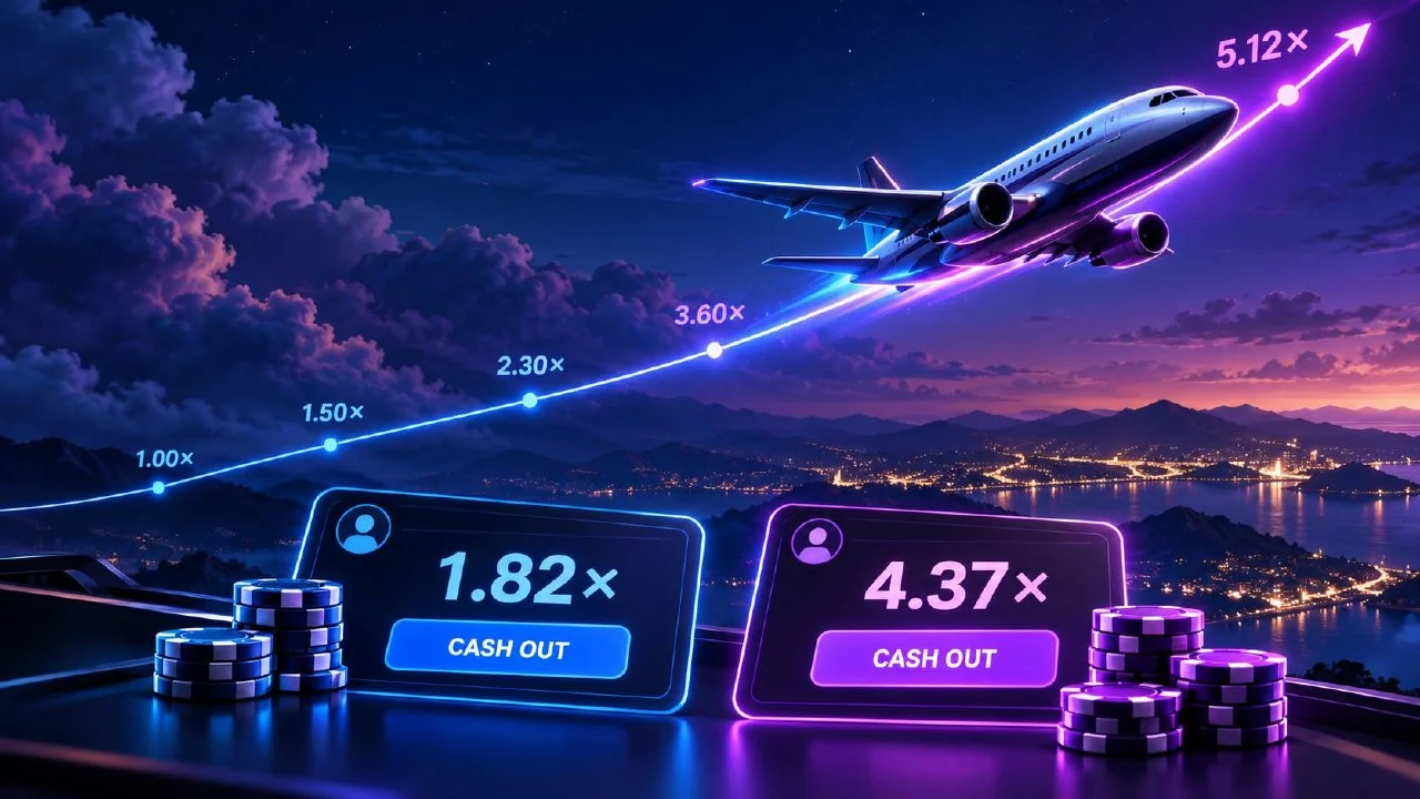 AviaX crash game illustration with a rising flight multiplier and two separate cash-out betting panels.