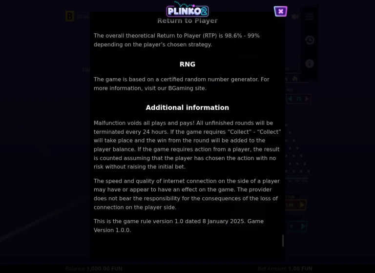 BGaming Plinko 2 — Demo rules and version information BGaming Plinko 2 — Demo rules and version information