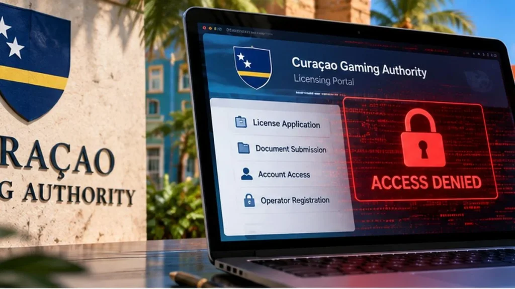 Illustration of the Curaçao Gaming Authority licensing portal shutdown following a security breach