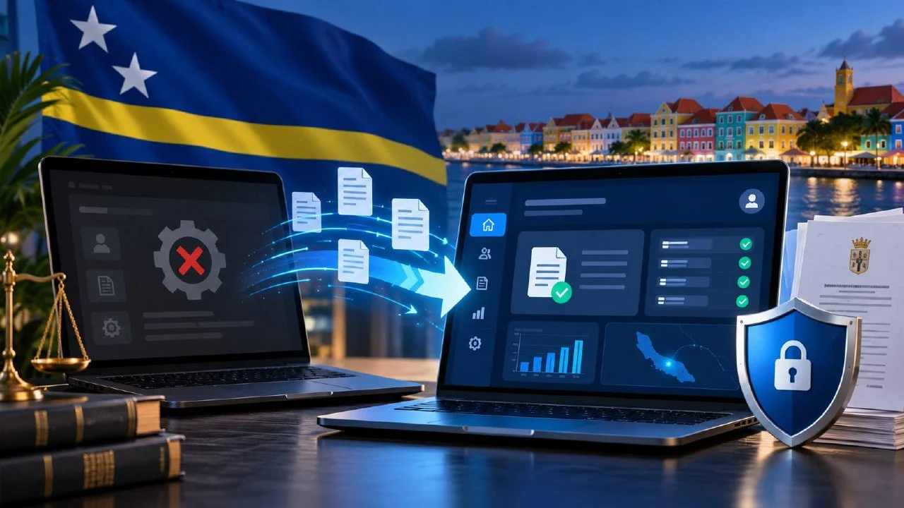 Curaçao online gaming regulation illustration showing a transition from an old portal to a new licensing platform.