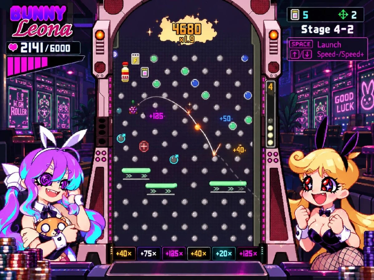 High Roller Penny illustration showing a ball path through a Plinko-style pegboard with characters on both sides.
