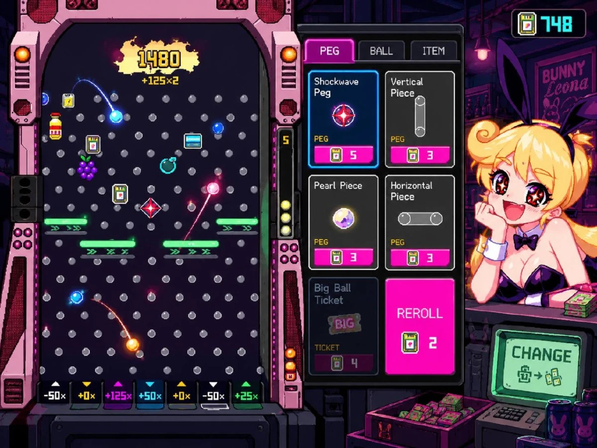 High Roller Penny illustration showing a Plinko-style pegboard beside a shop with special pegs, balls and upgrades.
