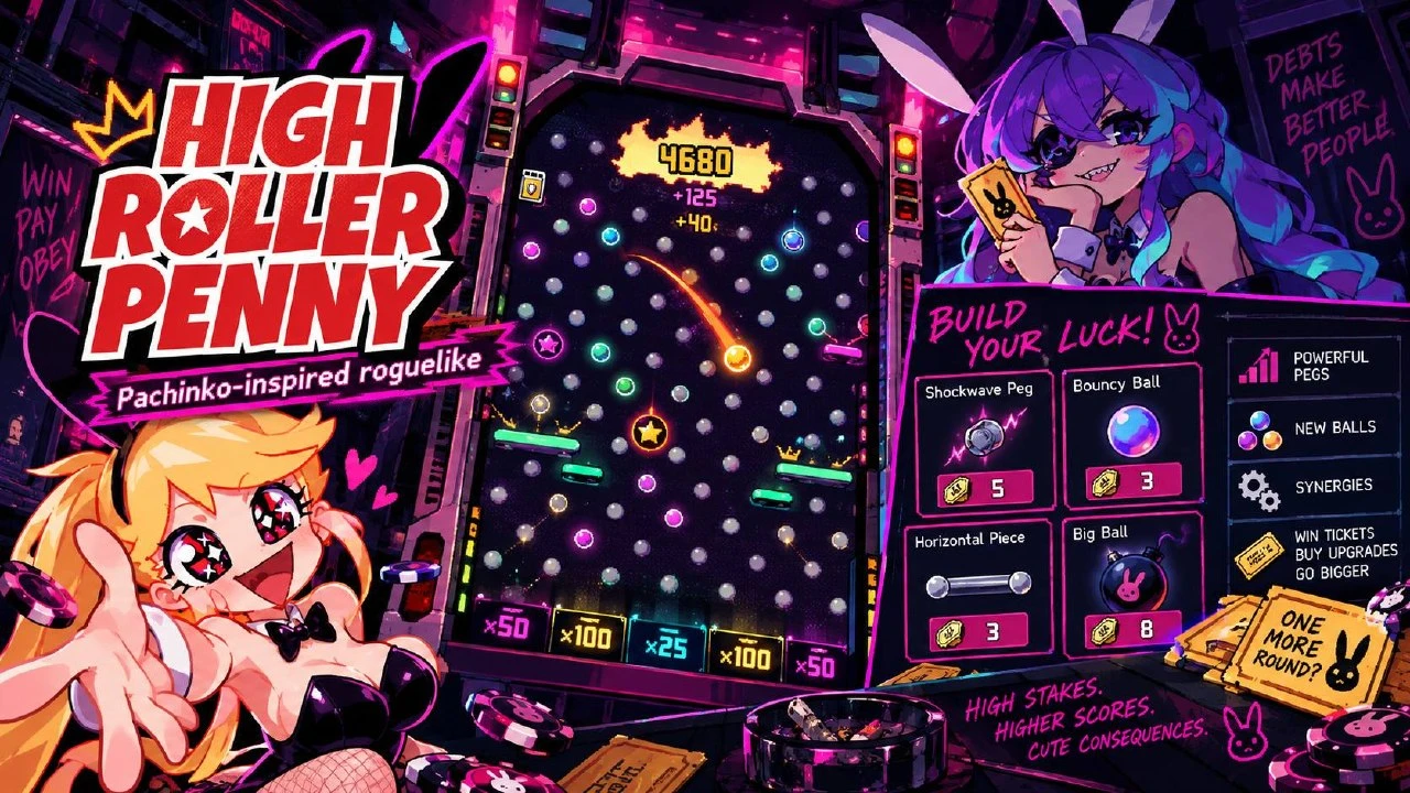 High Roller Penny illustration with a Plinko-style pegboard, bouncing ball, characters and upgrade panels.