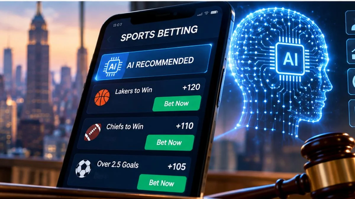 Illustration of AI-powered sports betting promotions and New York gambling regulation