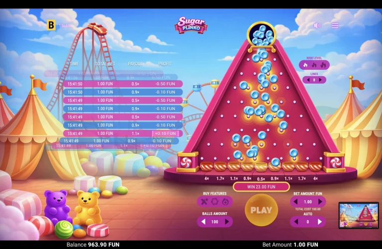 Sugar Plinko: 100 Balls and Round Results Sugar Plinko 100-ball round with on-screen history of bets payouts and profit