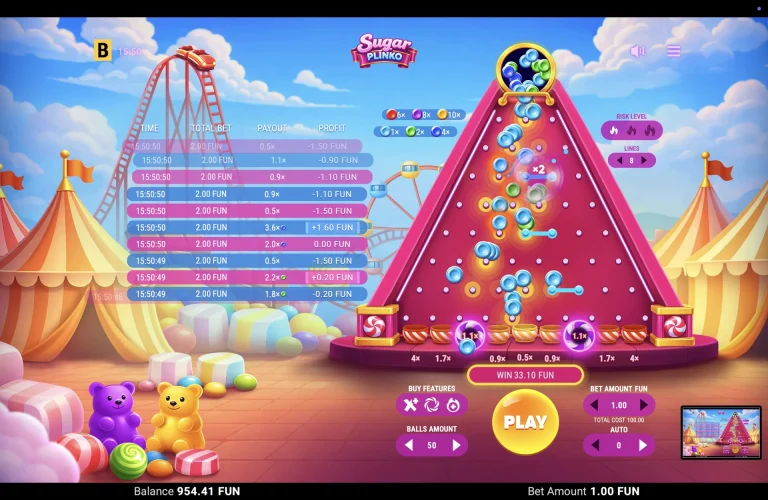 Sugar Plinko: Bonus Features in Action Sugar Plinko gameplay with colored multiplier balls and added x2 stretch lines
