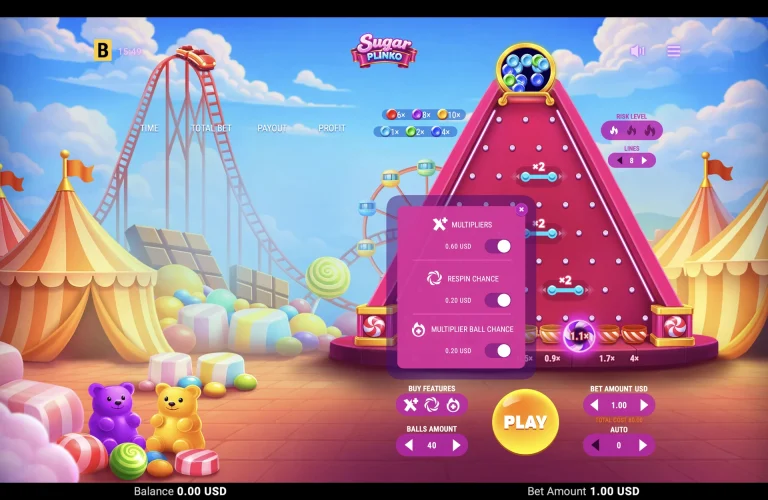 Sugar Plinko: All Three Features Enabled Sugar Plinko Buy Features menu showing all three optional features switched on