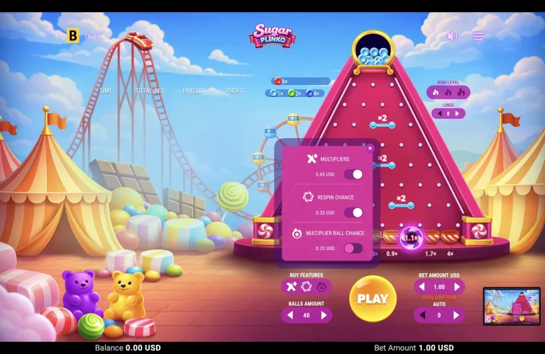 Sugar Plinko: Two Features Enabled Sugar Plinko Buy Features menu showing Multipliers and Respin Chance enabled