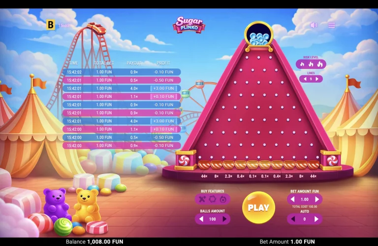 Sugar Plinko: 9 Lines and High Risk Sugar Plinko board set to 9 lines with high risk and 44x edge multipliers