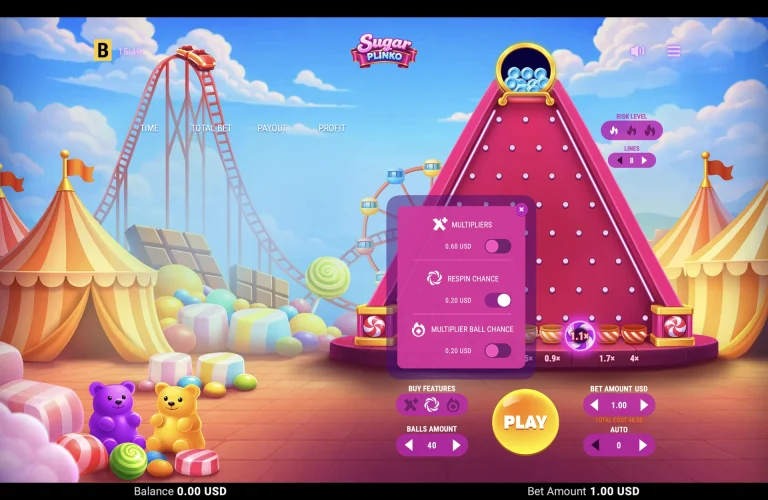 Sugar Plinko: Respin Chance Enabled Sugar Plinko Buy Features menu with Respin Chance switched on