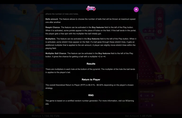 Sugar Plinko: Features and In-Game RTP Sugar Plinko rules showing bonus features and theoretical RTP from 96.51 to 96.92 percent