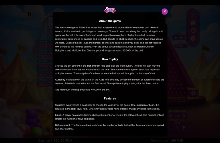 Sugar Plinko: How to Play Rules Sugar Plinko in-game help showing how to play autoplay risk lines and balls