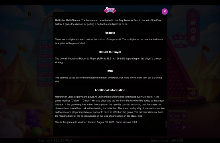 Sugar Plinko: RTP, RNG and Game Version Sugar Plinko rules showing RTP RNG and game version 1.0.0