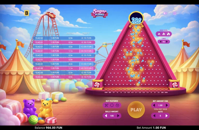 Sugar Plinko: 16-Line Ball Drop Many Sugar Plinko balls falling through a 16-line pink board during a round