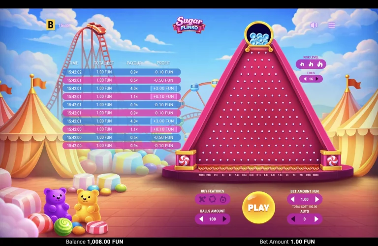 Sugar Plinko: 16 Lines Sugar Plinko 16-line high-risk board with 2500x multipliers at both edges