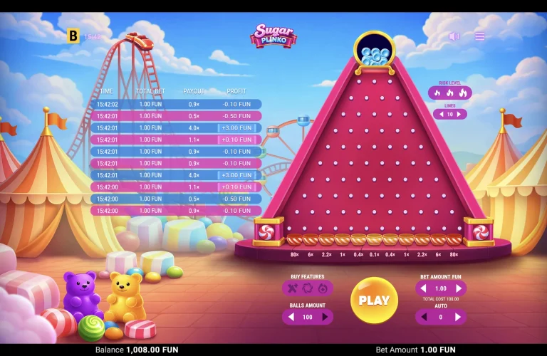 Sugar Plinko: 10-Line Board Sugar Plinko board set to 10 lines showing 80x outer payouts on high risk