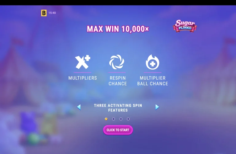 Sugar Plinko: Three Optional Features Sugar Plinko feature introduction showing Multipliers, Respin Chance and Multiplier Ball Chance